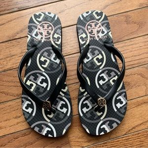 Authentic Tory Burch Stacked Monogram Flip Flops
